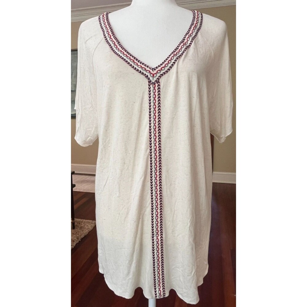 Retrology Size XL Southwestern Embroidered Trim Oatmeal Linen Blend Top Shirt